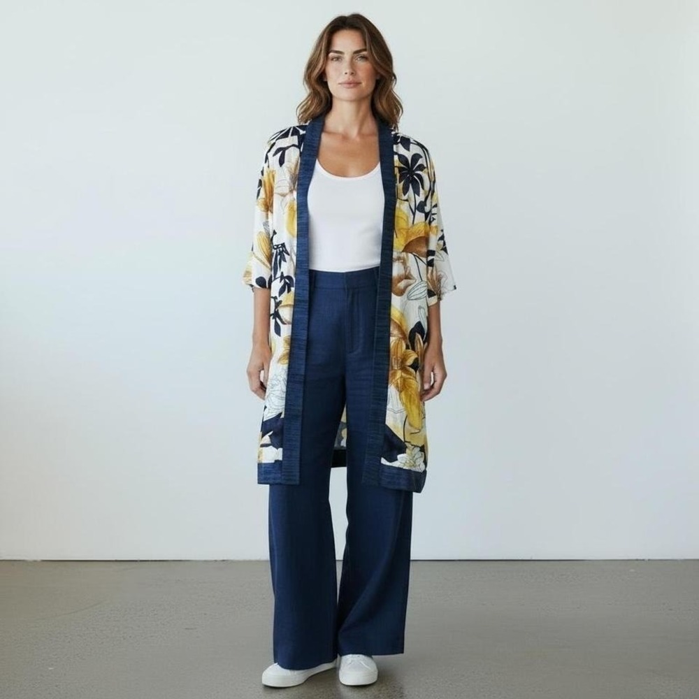 Chico's Floral Kimono Cardigan Womens S/M Navy Yellow Open Front Resort